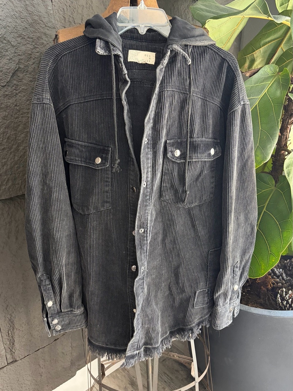 Woman’s Black Corduroy Hooded Jacket - Casual Button-Up Coat